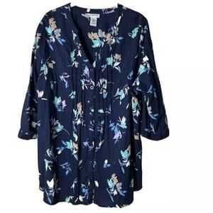 NWT Catherines Blouse Top Shirt 3/4 Sleeves Floral Cotton Blend Blue 2X